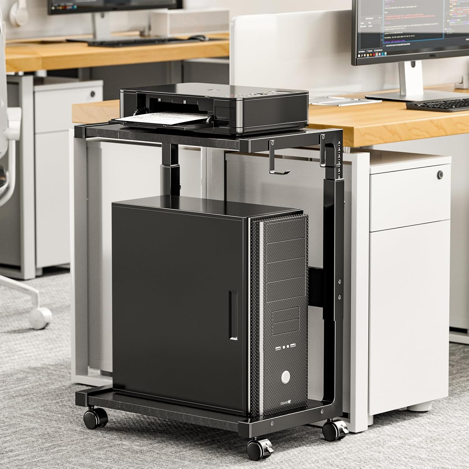 Computer Tower Stand - Height Adjustable PC Tower Stand CPU Holder Cart with Locking Wheels and 4 Hooks for Home Office, 23.03"-28.3" H, Black