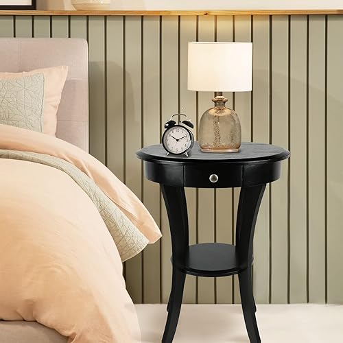 Miniatura 6 de Mesa auxiliar redonda, pequeña mesa auxiliar redonda negra, mesas auxiliares redondas para sala de estar, mesa decorativa con cajón y estante de