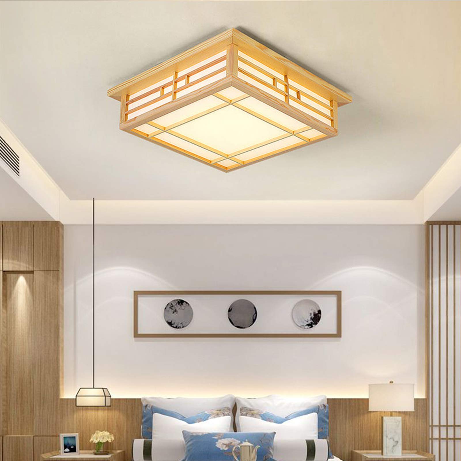 Lámparas colgantes japonesas - Rectangulares LED de madera Tatami - Pantalla blanca con marco de madera - Lámpara de techo para dormitorio y sala de estar - 35 x 35 x 11 cm - Elegancia y