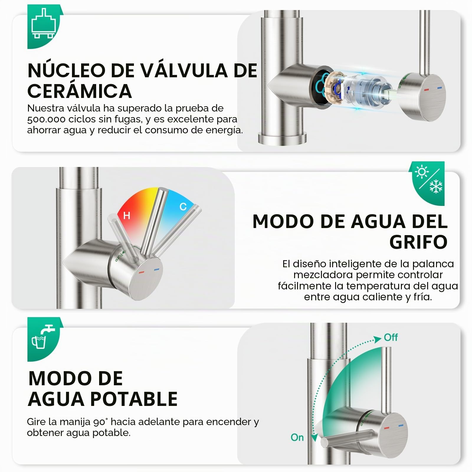 CREA Grifo de Fregadero para Cocina 3 Vías con Ducha Extraíble, Monomando para Purificador de Filtro de Agua y Sistemas de Ósmosis, cepillado