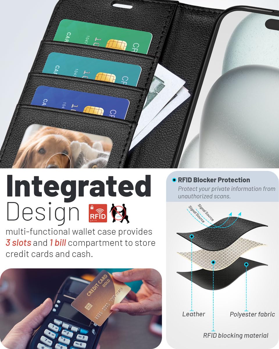 OCASE Custodia Portafoglio In Pelle PU Per IPhone 17 (2025) – Con 3 Tasche Per Carte, Blocco RFID, Supporto E Protezione Antiurto – Diamanté Nero - 4