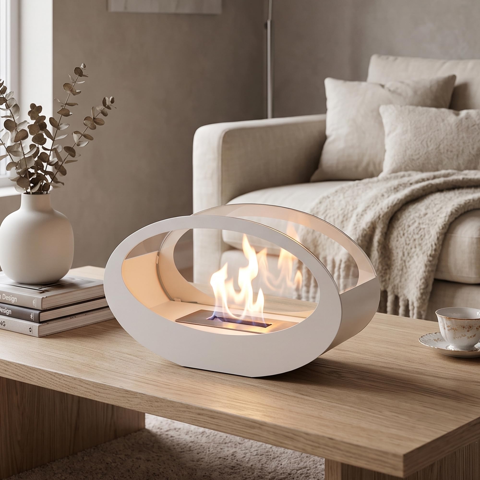 JHY DESIGN Weiß 40cm Breite Metall & Glas Tischkamin/Feuerschale für Hof