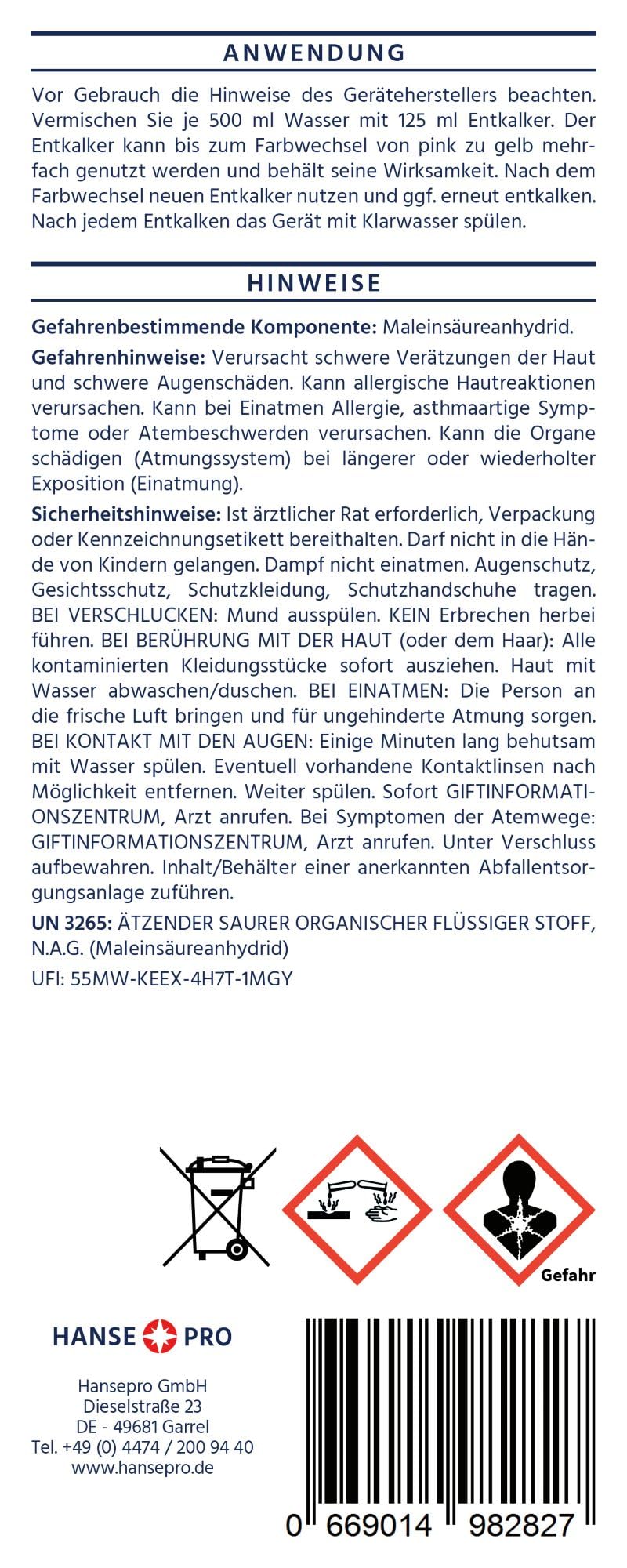 HANSE PRO Universal-Entkalker mit Farbindikator, 4 x 1000 ml I Flüssig-Entkalker I Kalklöser I universell einsetzbar I für Kaffeevollautomat, Kaffee-Maschine usw.