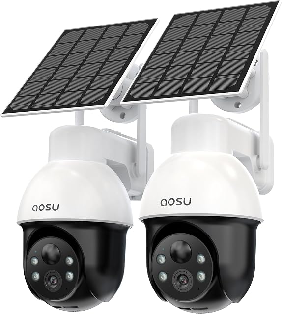 AOSU 3K/5MP Caméras de sécurité solaire sans fil, WiFi Caméra de surveillance Exterieur pour la sécurité à domicile, Panoramique PTZ, Suivi automatique, détection de l'homme/du véhicule, vision nocturne (2 Boîte), SolarCam D1 SE