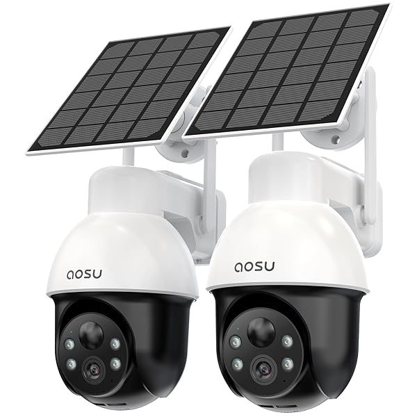 AOSU 3K/5MP Solar Security Cameras System Wireless Outdoor, Battery Powered WiFi Camera for Home Security, Panoramic PTZ, Auto Tracking, Human/Vehicle Detection, Color Night Vision (2 Pack)