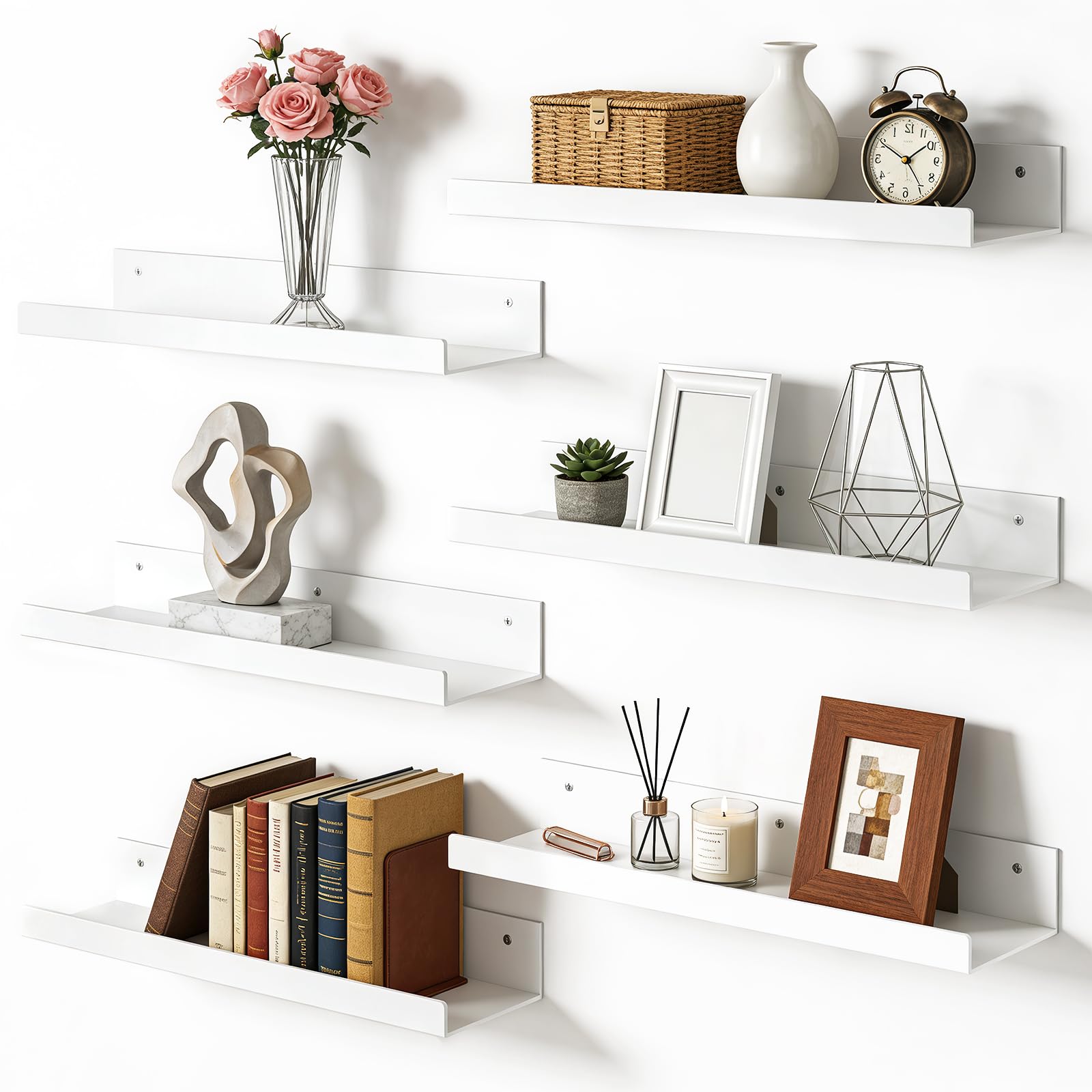 Woobroo 6 Pack Floating Shelves for Wall, 15"x4" White Adhesive Shelves | Dual-Mount (Adhesive or Screws) for Bedroom, Bathroom, Kitchen Storage and Organization