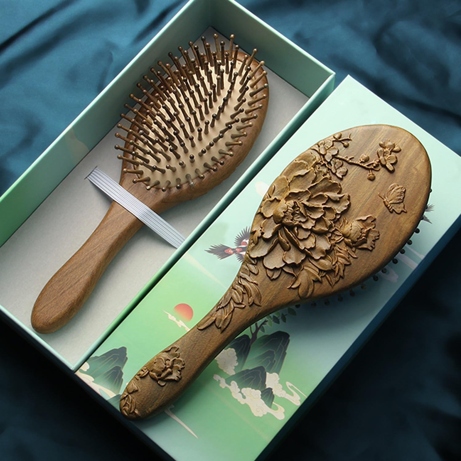 Spazzola per Capelli, Pettine Ovale in Legno per Massaggio con Intaglio di Fiori di peonia, Spazzola per Capelli antistatica districante con Cuscino d'Aria massaggiante