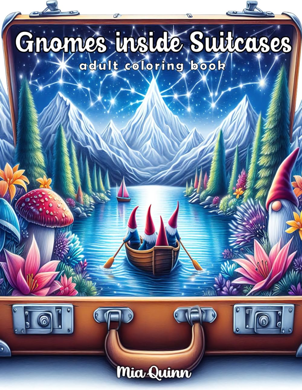 Gnomes inside Suitcases Coloring Book for Adults: 100 Gnome with Fantasy Landscapes in Detailed Grayscale for Stress Relief and Relaxation (Magic Worlds Coloring Books)