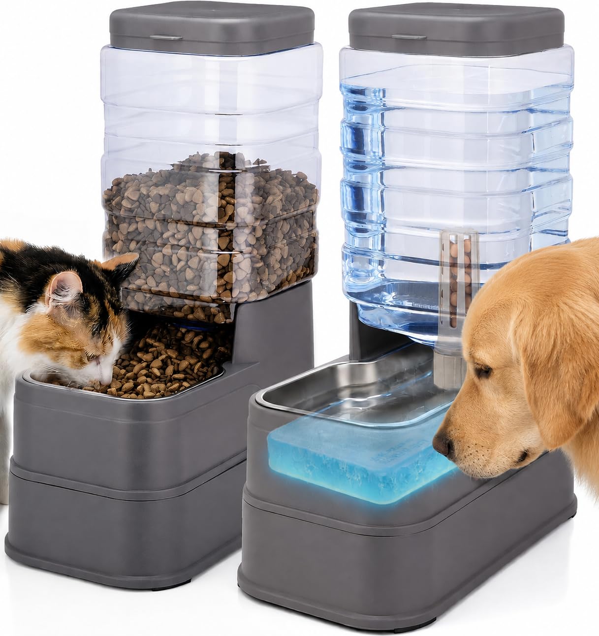 Pawzone 2 Pack Automatischer Katzenfutterspender und Wasserspender 4,9 l Hund Schwerkraft Futter Futterspender und Wasser mit Eisbeutel Edelstahl Trockenfutter und Wassernapf für kleine