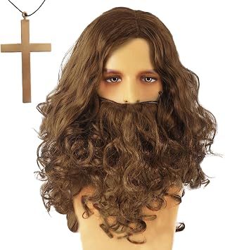 EUPSIIU Mens Wigs Brown Long Curly Wig Moustache and Crossing Necklace, Adult Cosplay Halloween Costume Brown Wig Beard Fancy Dress Costume Curly Fake Wizard Christmas Cosplay Party