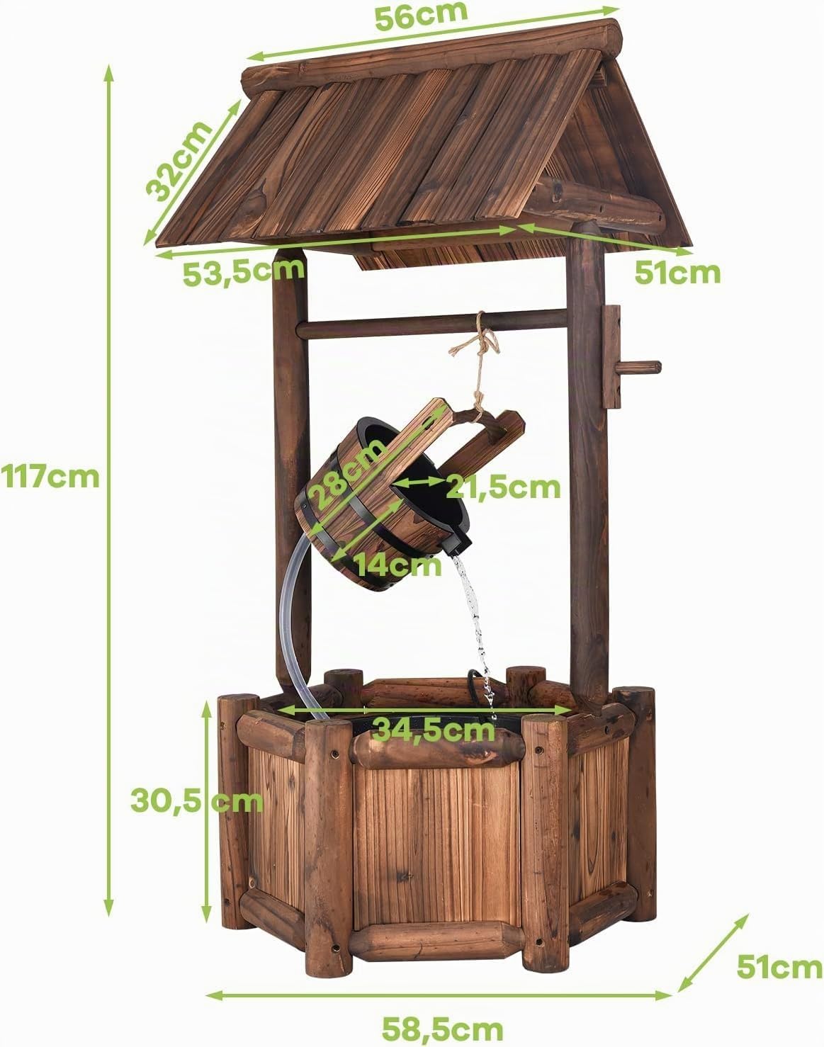 GOPLUS Fuente Jardín Exterior de Madera de Abeto, Pozo Decorativo de Deseos, con Bomba Eléctrica, para Jardín Patio, 58,5×56×117cm, Marrón Rústico