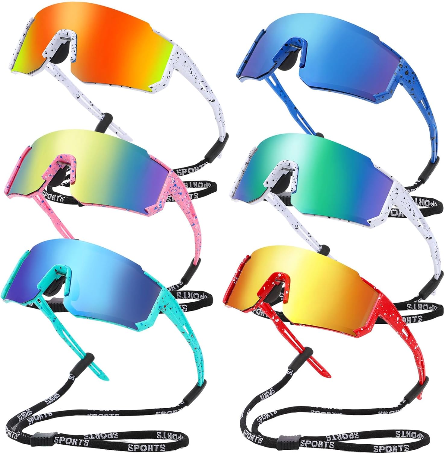 6 Pack Youth Sunglasses Sports Baseball Sunglasses with Strap for Age 12+, Softball Cycling Glasses UV400 Protection