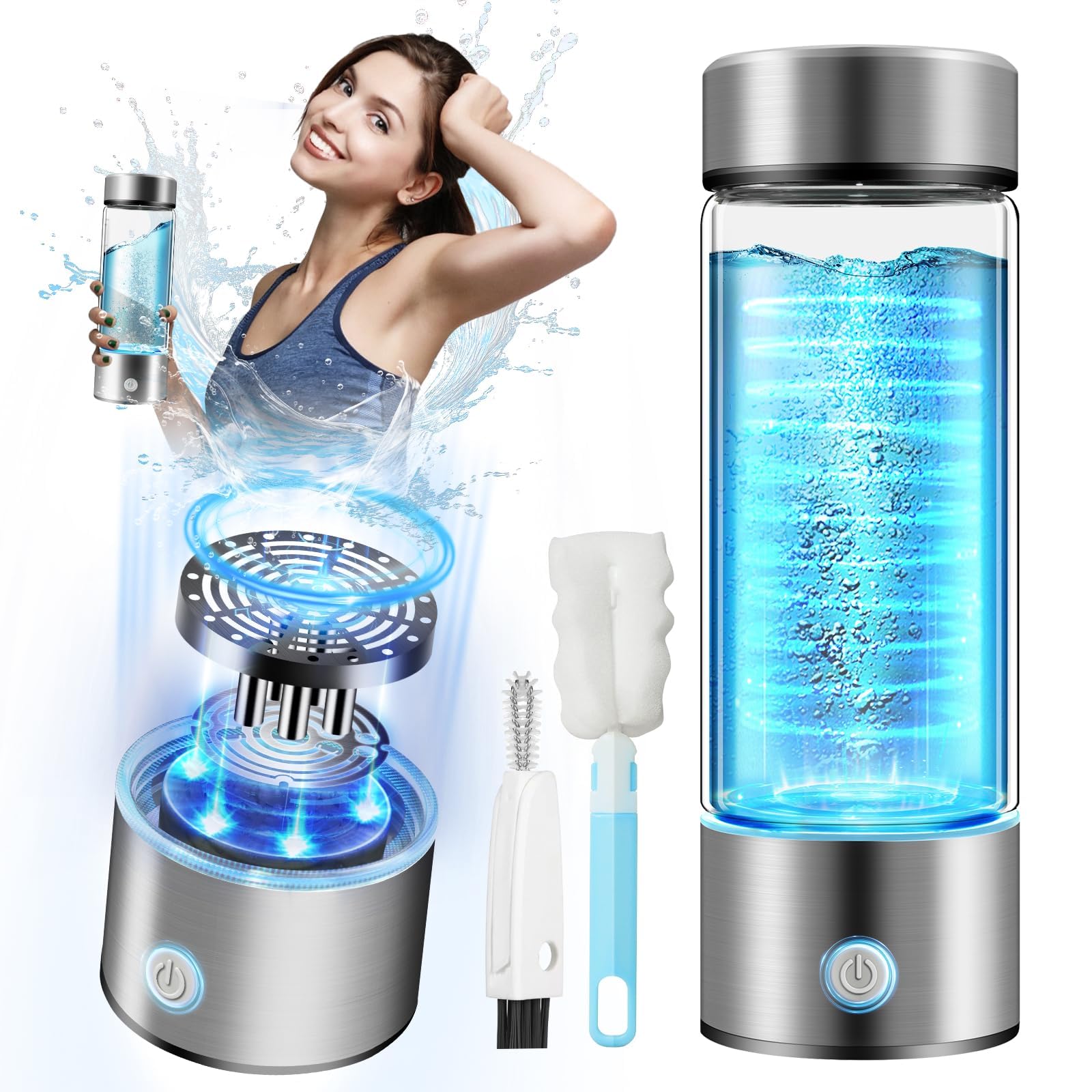 LozltxUpgrade Hydrogen Water Bottle with Brush【SGS Certification - 3000PPB】【NO.1 Double Hydrogen Content】Hydrogen Water Bottle with TOP SPE PEM Technique, Improve Water in 3 Min