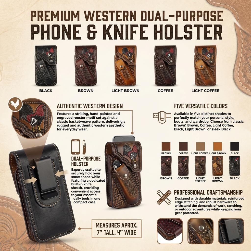 Western Phone Holster with Knife Pouch, Engraved Rooster Basketweave Belt Clip Case for Men (Coffee)