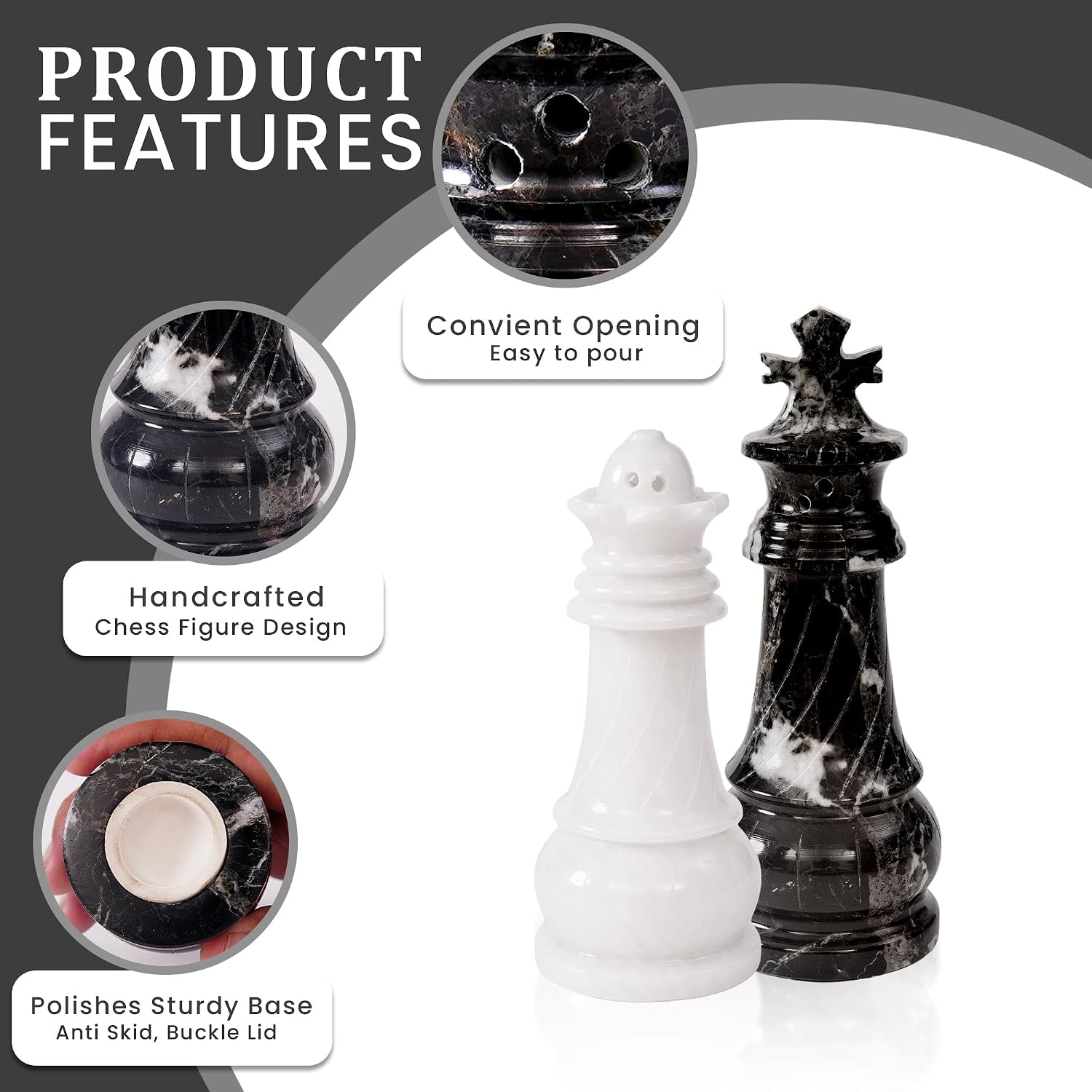 Marble Salt and Pepper Shaker Set, Zebra Black & White Handmade Spice Jars & Salt Cellar for Countertop Storage, Elegant Kitchen Décor and Gift Accessory