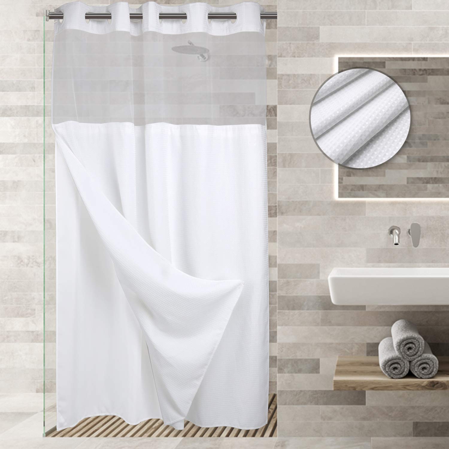 No Hooks Required Waffle Weave Shower Curtain with Snap in Liner -Stall 54W x 80H,Hotel Grade,Spa Like Bath Curtain,White