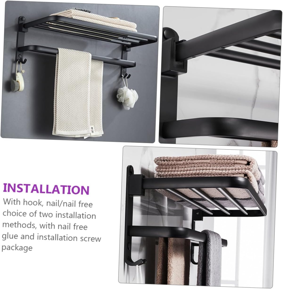 STOBAZA 1Pc Self Adhesive Storage Shelf Wall Mounted Bathroom Organizer Rack Design for Towels Sundries Black Finish Easy Installation with Glue