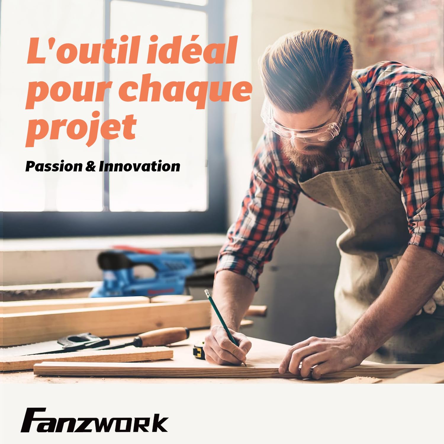 FANZWORK Ponceuse Excentrique 150 mm, Ponceuse Orbitale avec une Course Abrasive de 5 mm, Moteur EC sans Balais de 350 W, 7 Vitesses jusqu'à 10 000 tr/min, 15 Disques Abrasifs, avec Mallette