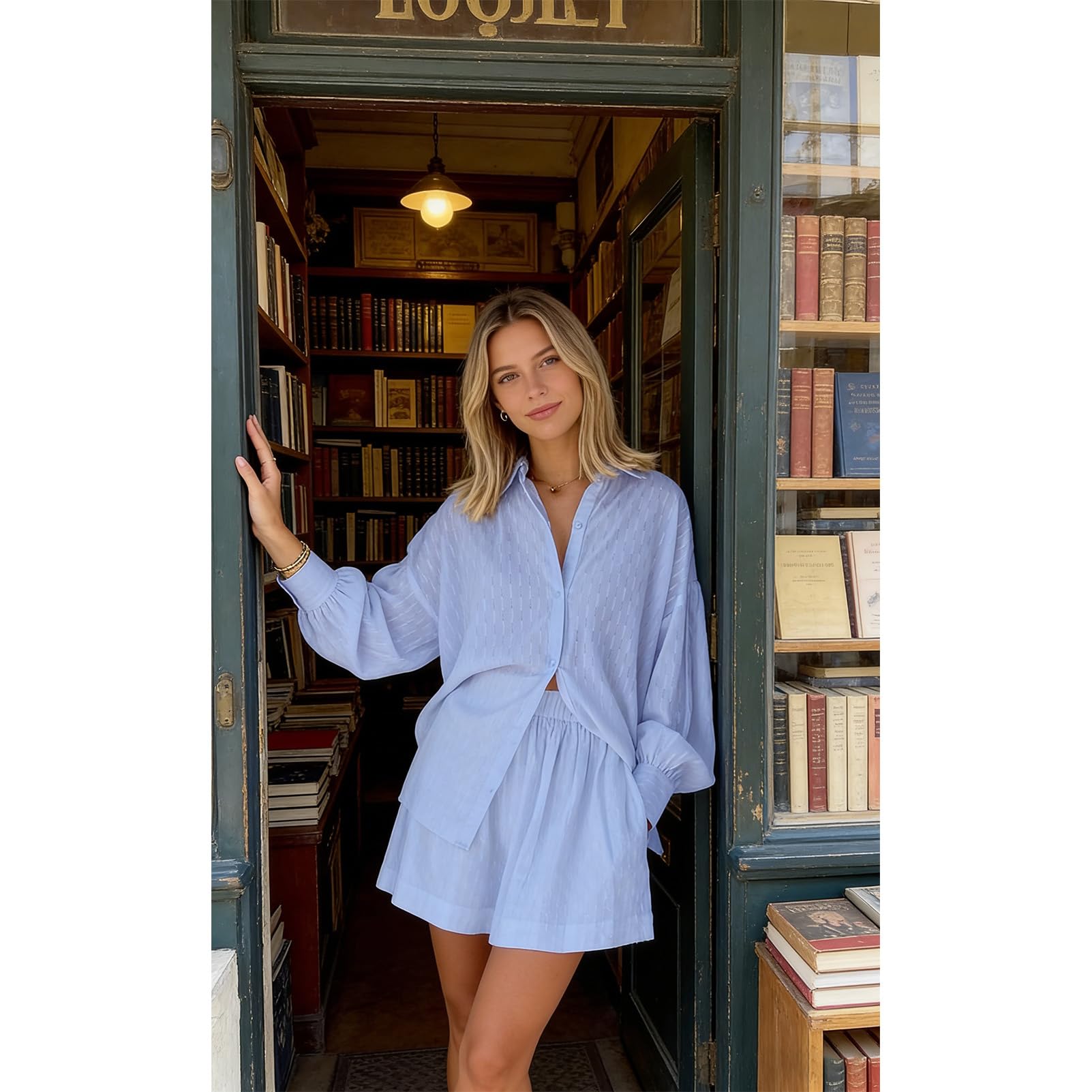 amropi Mujer Jacquard Conjuntos 2 Piezas Manga Abullonadas Blusa con Botones y Pantalones Cortos Verano Chándal Ropa de Descanso