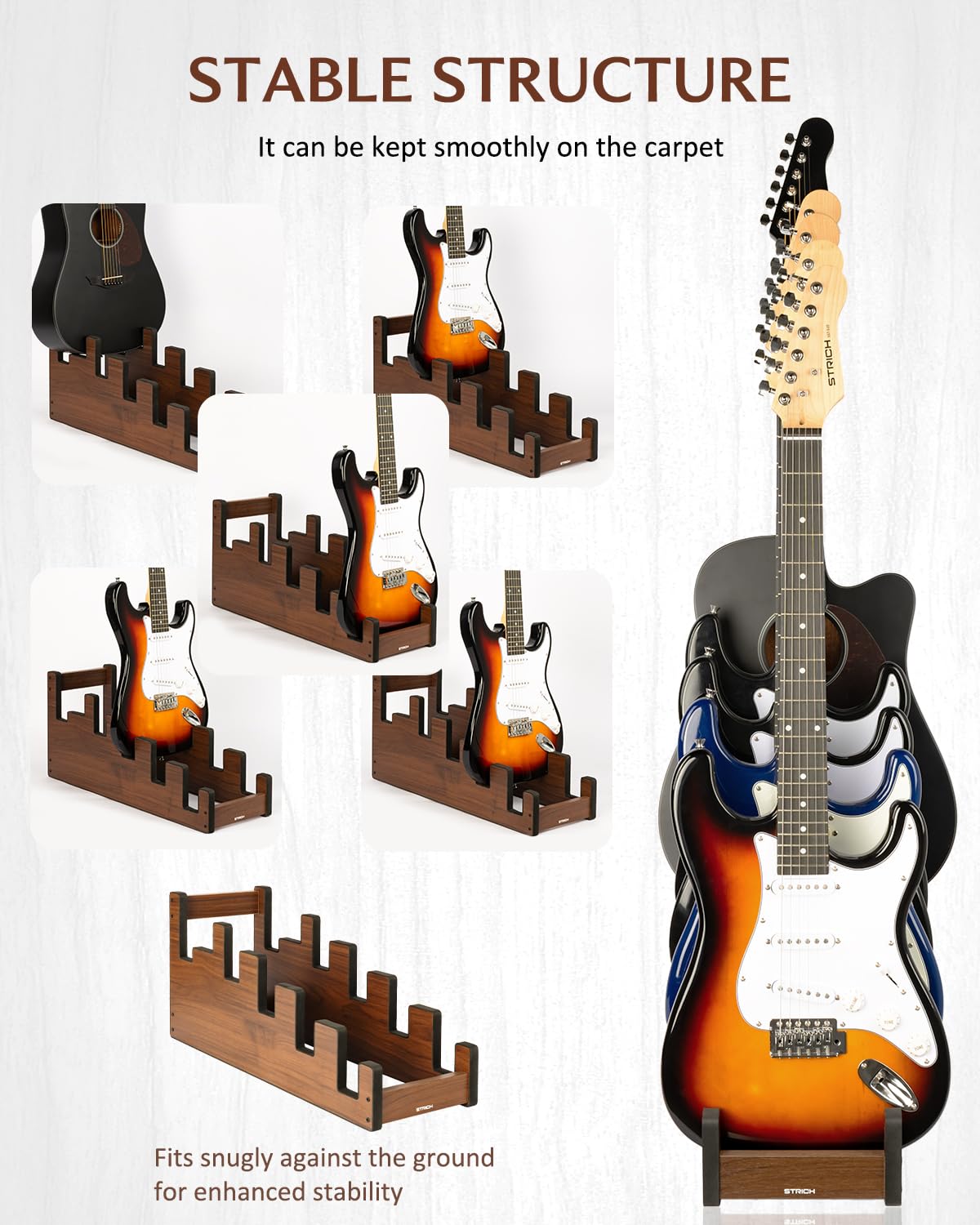 STRICH L-4E1AW Gitarrenständer aus Holz für mehrere Gitarren, 5 Halter, Front-Display, platzsparender Boden-Gitarrenständer für Zuhause, Studio, Bühne, Walnussholz, L-4E1AW (für 4 elektrische + 1