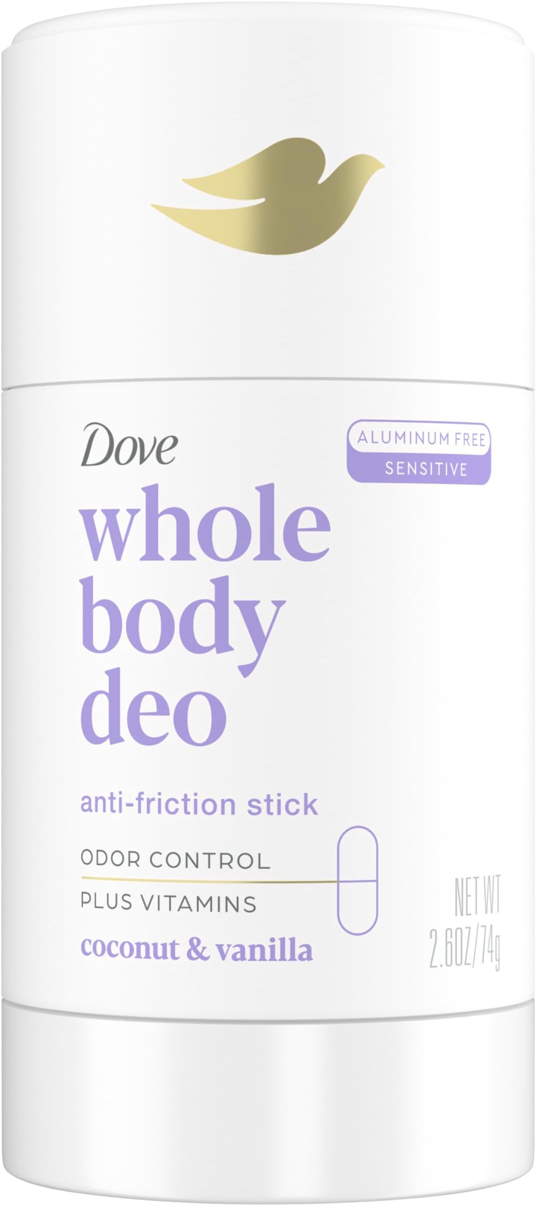 Whole Body Deo Aluminum Free Anti-Friction Deodorant Stick Coconut + Vanilla for All Day Odor Control 2.6 oz