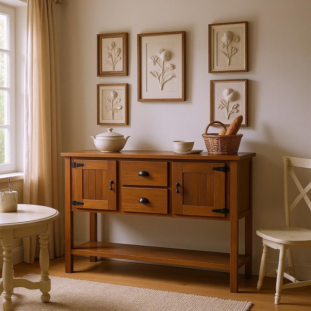 Homy Casa Rustic Sideboard Buffet Cabinet with Drawers and Storage Shelf, Solid Wood Console Table for Dining Room or Entryway