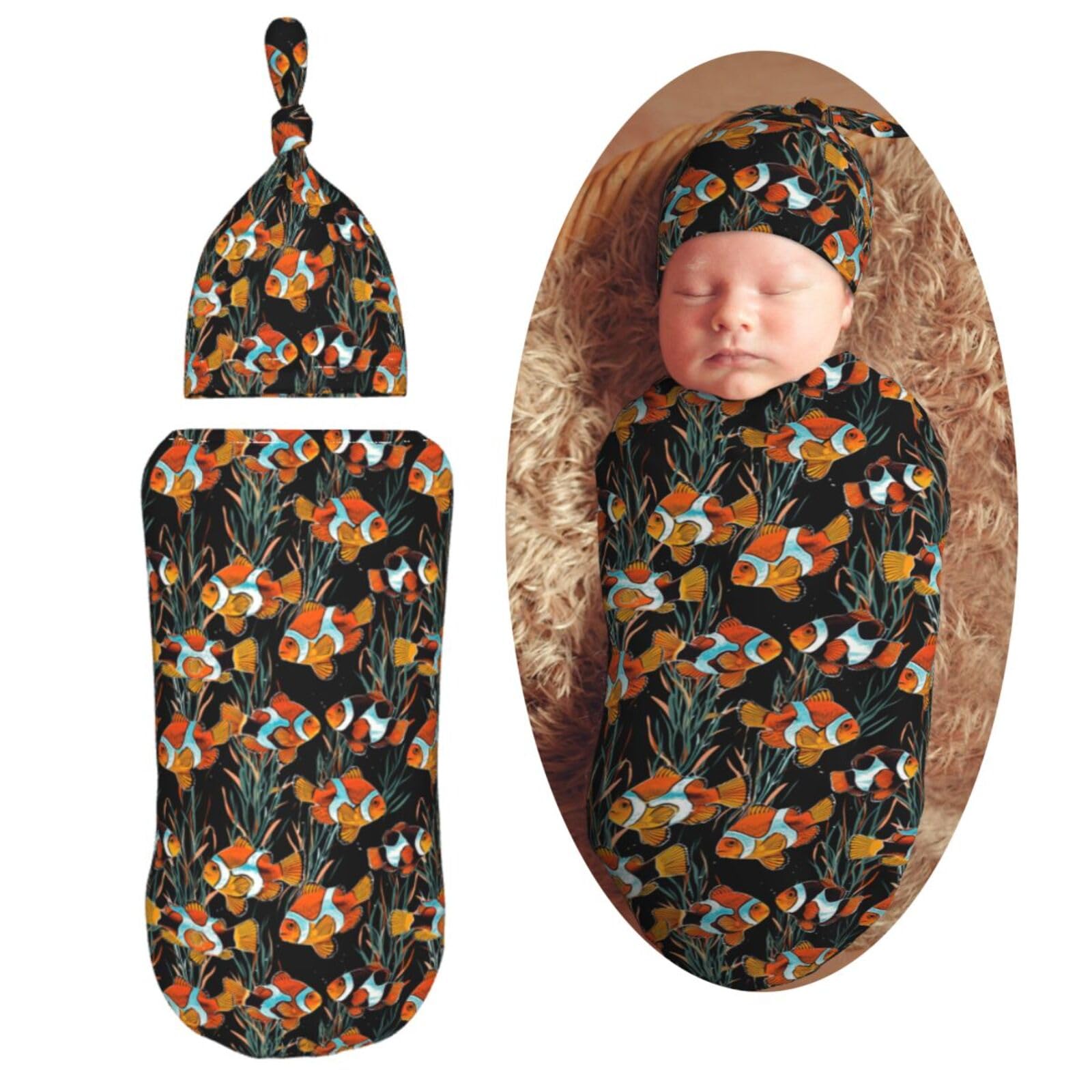 Watercolor Tropical Fish Clownfishes Newborn Swaddle Blankets Hat Sets Soft Baby Receiving Blanket Swaddle Sack for Baby Shower Infant Boy Girl Gift