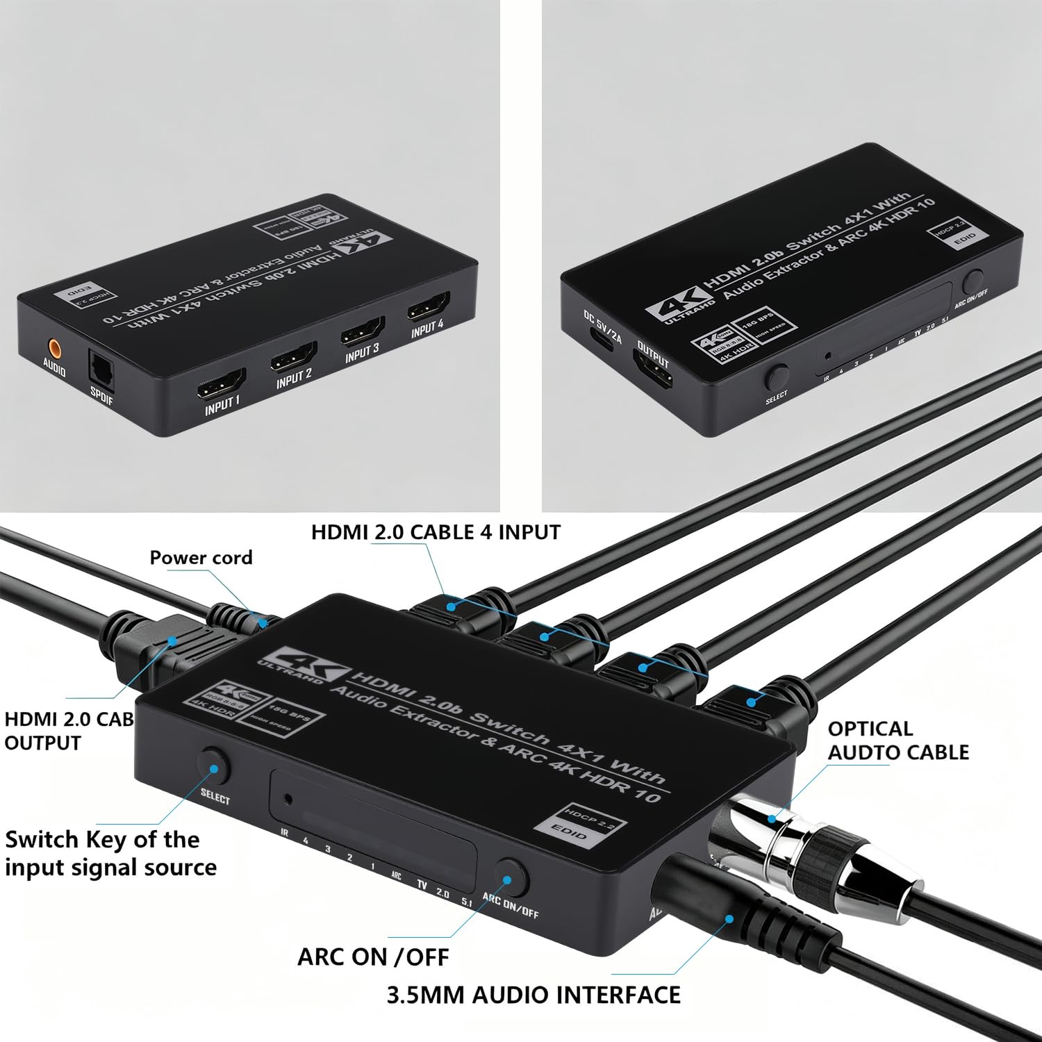 HDMI Switch 4x1 with Audio Extractor, 4K@60Hz Ultra HD HDMI Switcher with Optical TOSLINK SPDIF, 3.5mm Audio Support Arc Function, 3D, 1080P @120Hz, 4Kx2k @60Hz HDTV (IR Wireless Remote Control)
