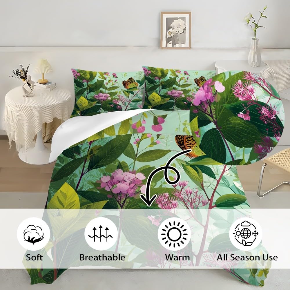 3-częściowy komplet pościeli 200 x 200 cm, z mikrofibry, rośliny, motyle, poszewka na poduszkę z zamkiem błyskawicznym, 80 x 80 cm, zielona, oddychająca, nie wymaga prasowania i miękka poszwa na