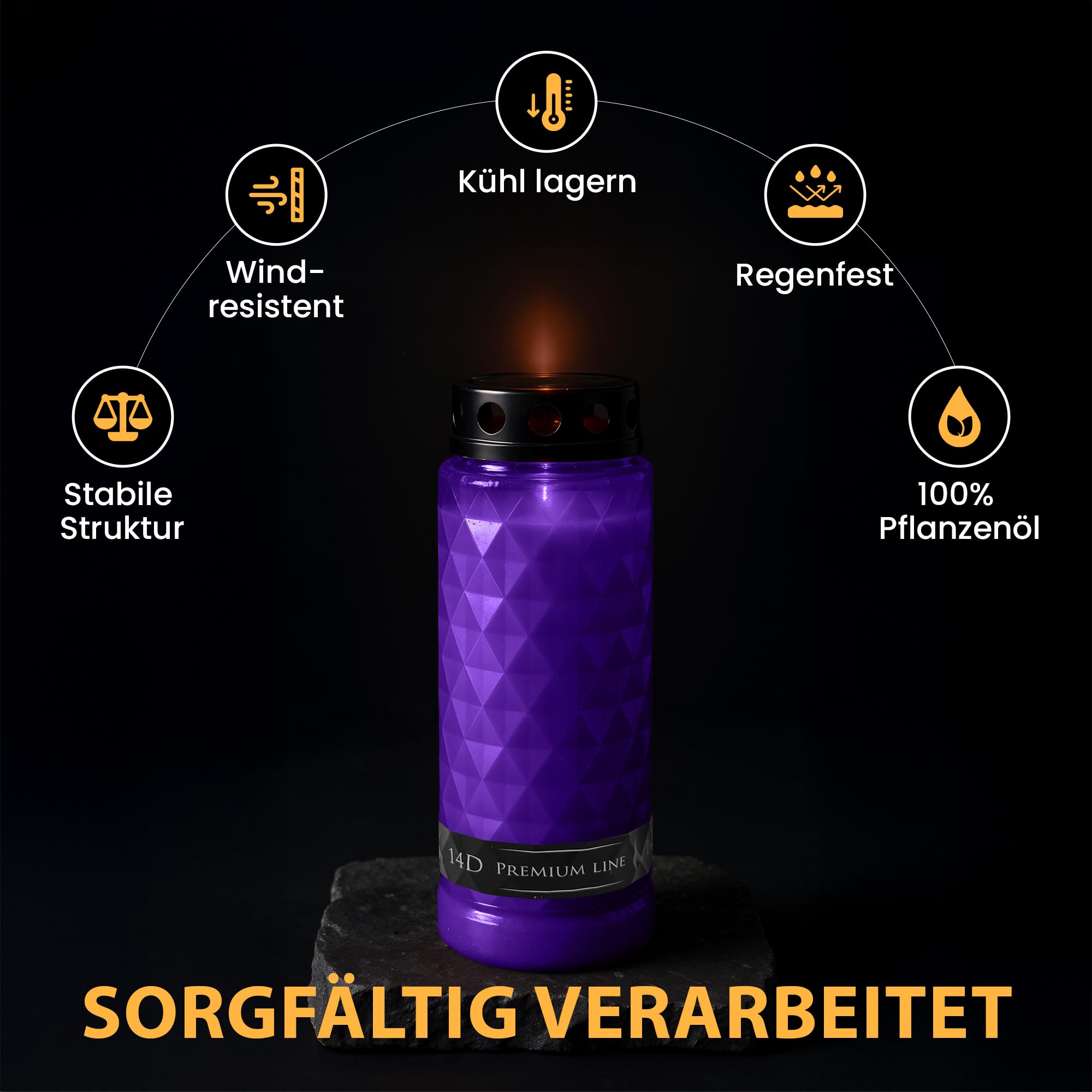 8x Grabkerzen mit 14 Tagen Brenndauer - windgeschützte Zweiwochenbrenner als Trauerkerze & Grablicht in Lila/Violett Gedenkkerzen mit Deckel & stabilem Stand für stilvolle Grabbeleuchtung