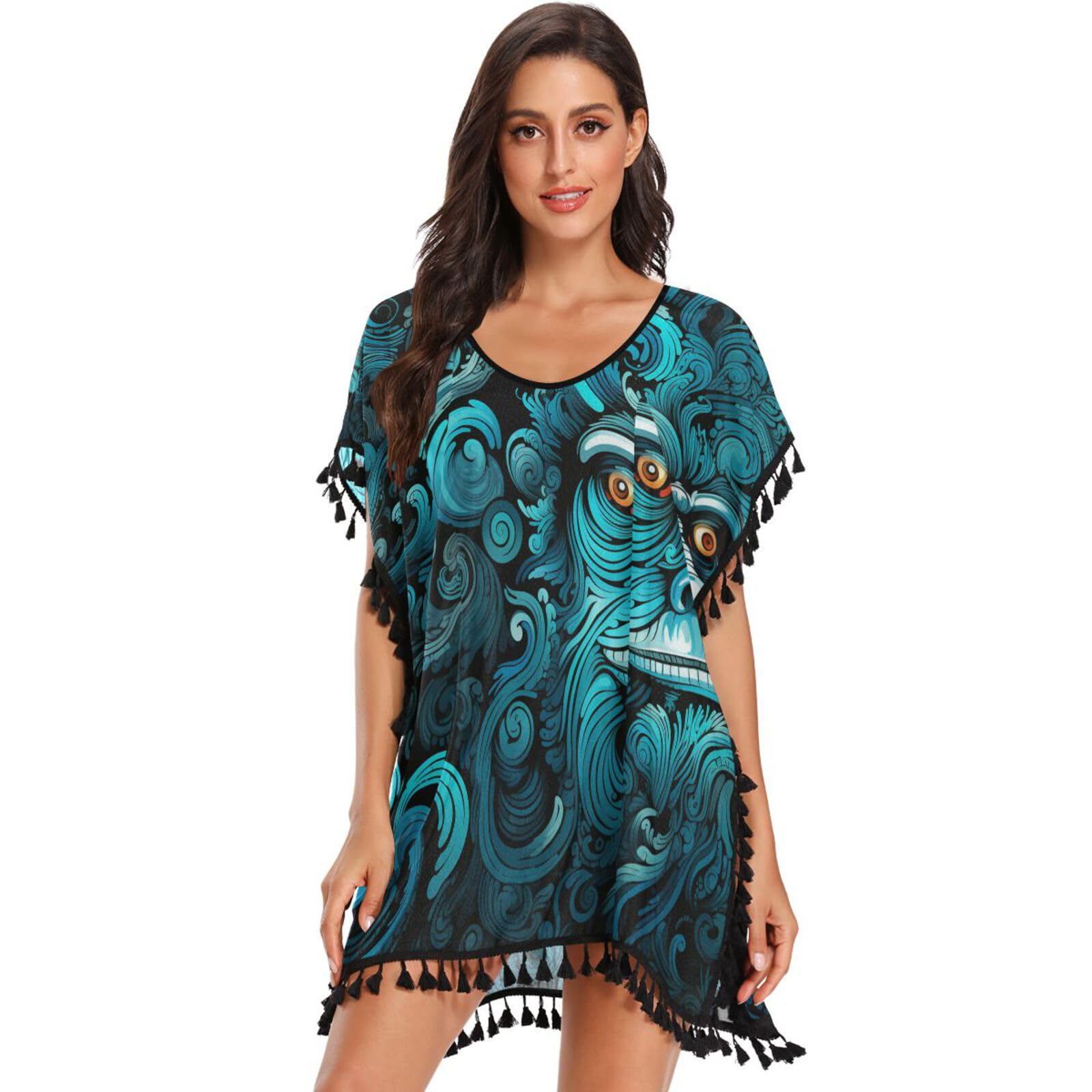 Abstract Art Blue Monkey Women's Beach Cover Up Chiffon Tassel Swimwear Swimsuit Coverups for Girl