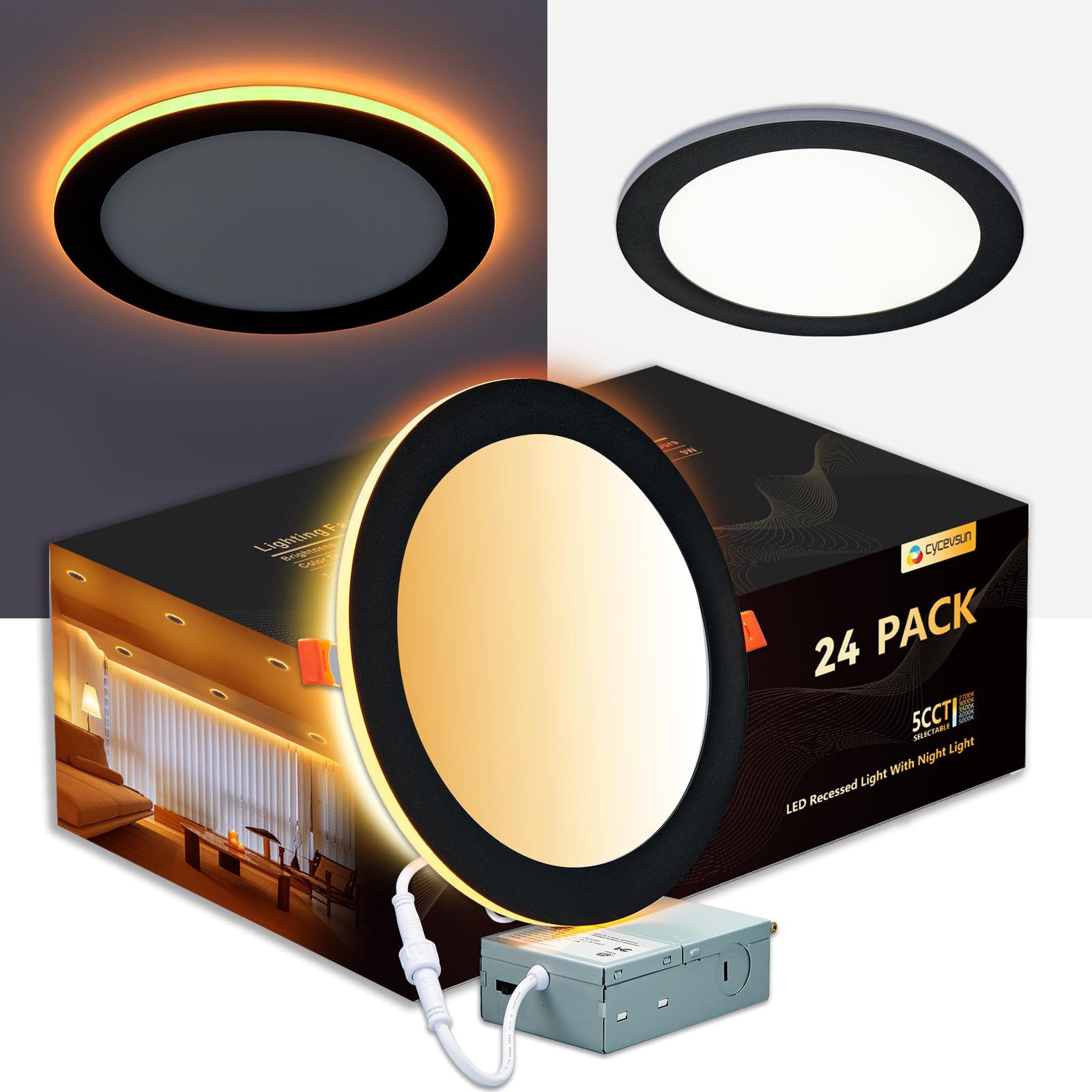 CycevSun 8 Inch 24 Pack LED Black Recessed Lights with Night Light, Canless Wafer Downlight Ultra Thin, Dimmable & 5CCT Selectable, 15W, 1350LM, ETL, 120-277V