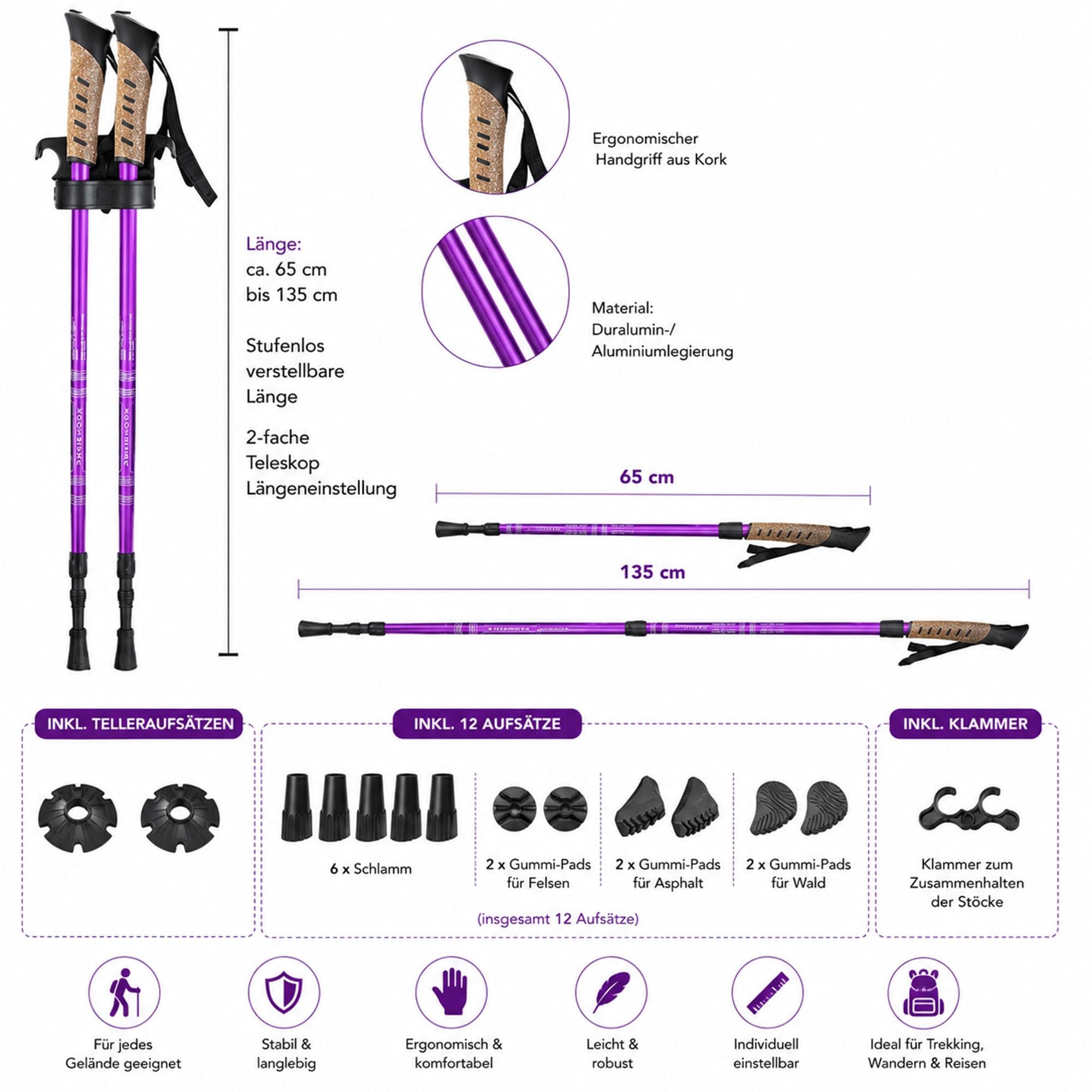 Mucola Nordic Walkingstöcke 2er Set – Höhenverstellbar 65–135 cm | Teleskop Wanderstöcke aus Aluminium Antishock, Wolframstahlspitze & 12 Aufsätzen - Trekking, Wandern, Fitness
