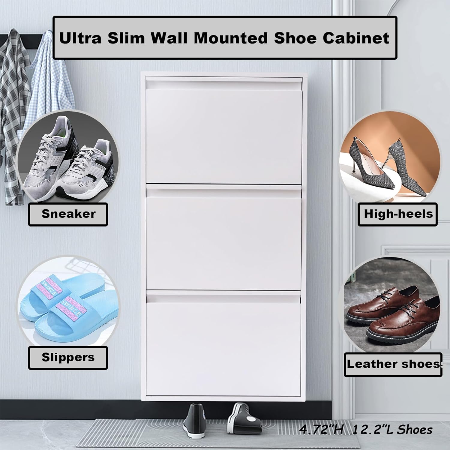 3 Tier Wall Mounted Shoe Cabinet,Slim Narrow Shoe Storage Cabinet with Flip Drawers for Living Room,Entryway, Hallway,White