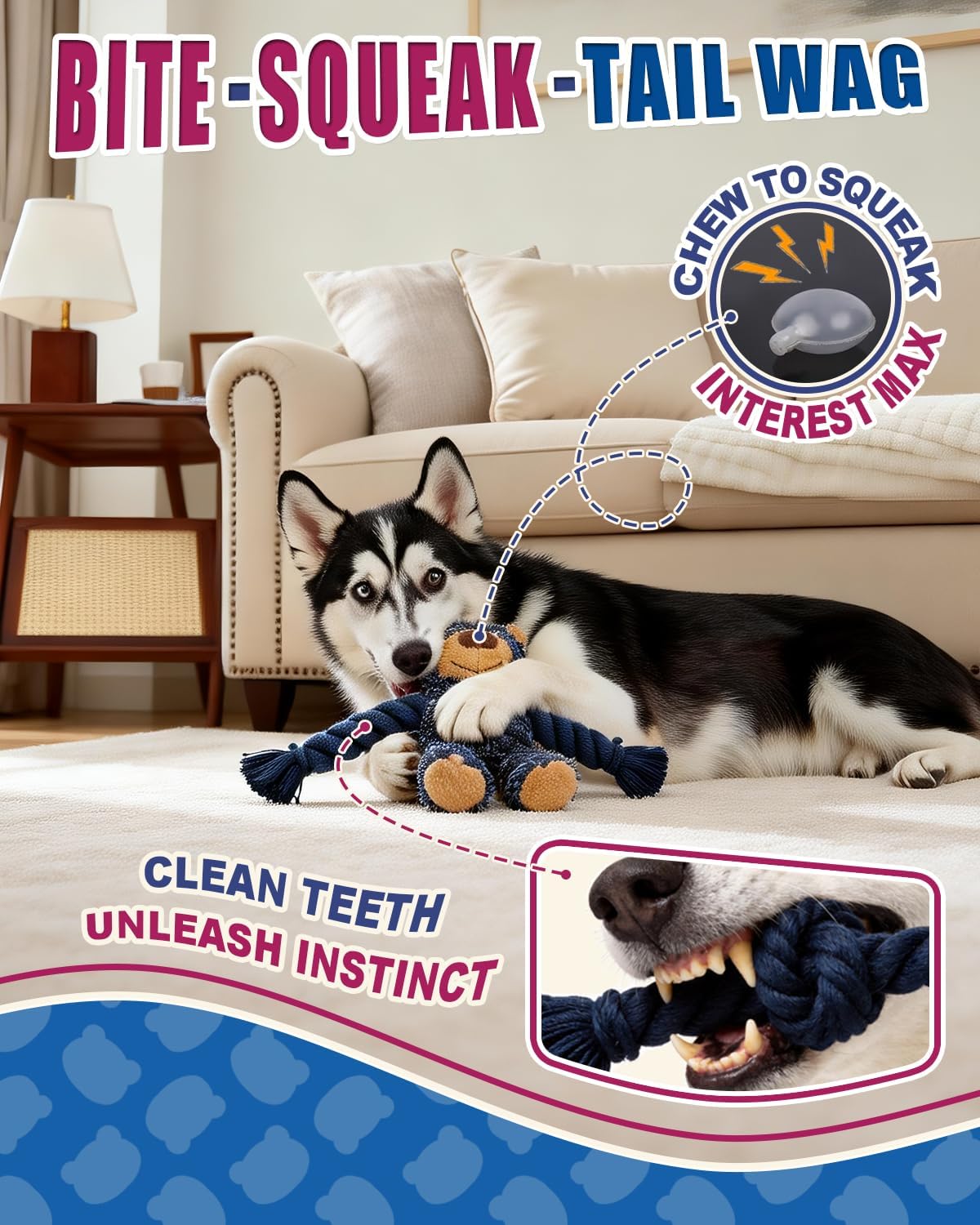 Ragged Bear Dog Toys for Aggressive Chewers, Indestructible Dog Toys with Tough Rope Core, Resistant Squeak Pet Toy for Boredom and Teething, Suitable for All Breed — view 3