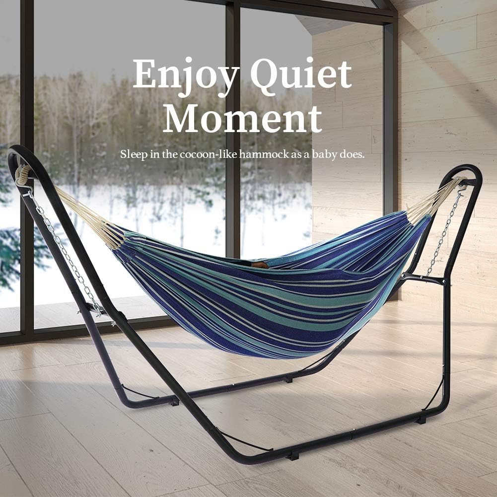 Zupapa Hammock with Stand 2 Person, Upgraded Steel Hammock Frame and Polycotton Hammock, 550LBS Capacity for Indoor Outdoor Use Blue White Stripes