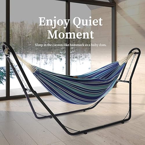 Miniatura 8 de Zupapa Hamaca con soporte para 2 personas, marco de hamaca de acero mejorado y hamaca de polialgodón, capacidad de 550 libras para uso en interiores