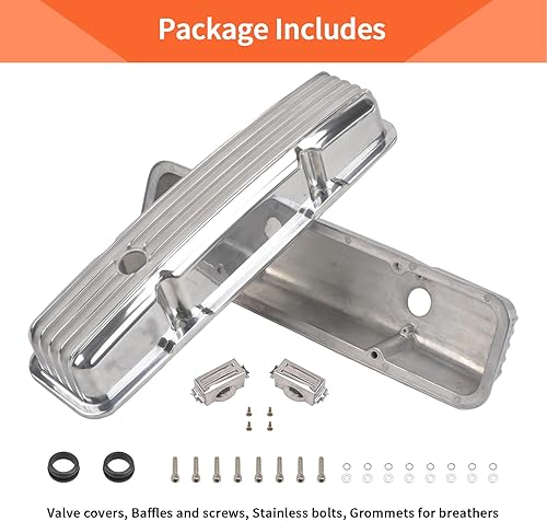 Miniatura 53 de Cubiertas de válvula de aluminio con aletas compatibles con bloque pequeño Chevy 58-86 Tall 327 350 400 - Plata pulida Plateado (sliver)