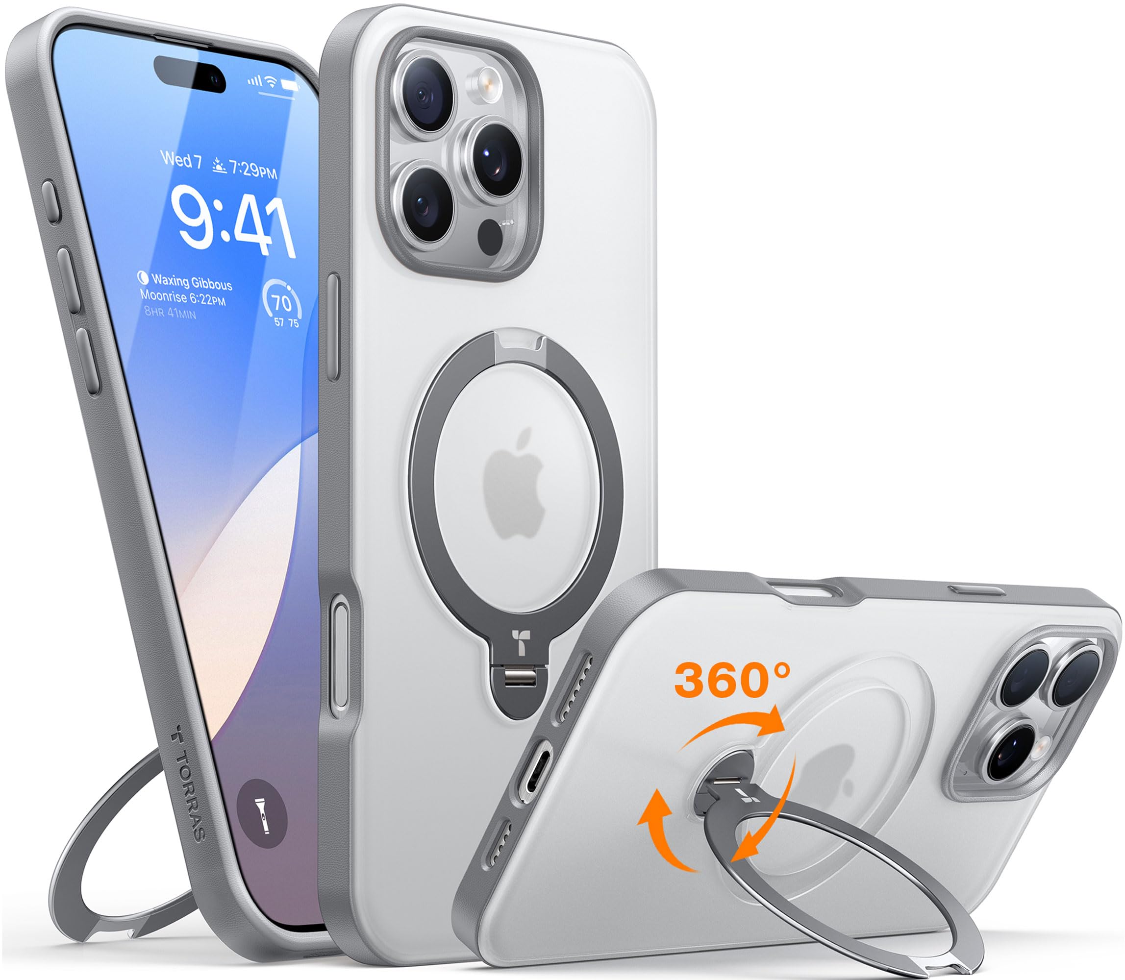 TORRAS Ostand Q3 Spin für iPhone 16 Pro Hülle (360° Magnetischer Unsichtbarer Ständer) Zertifizierte Militärschutz, MagSafe Kompatibel, Stoßfest Kratzfeste Matt Rückseite Handyhülle Grau