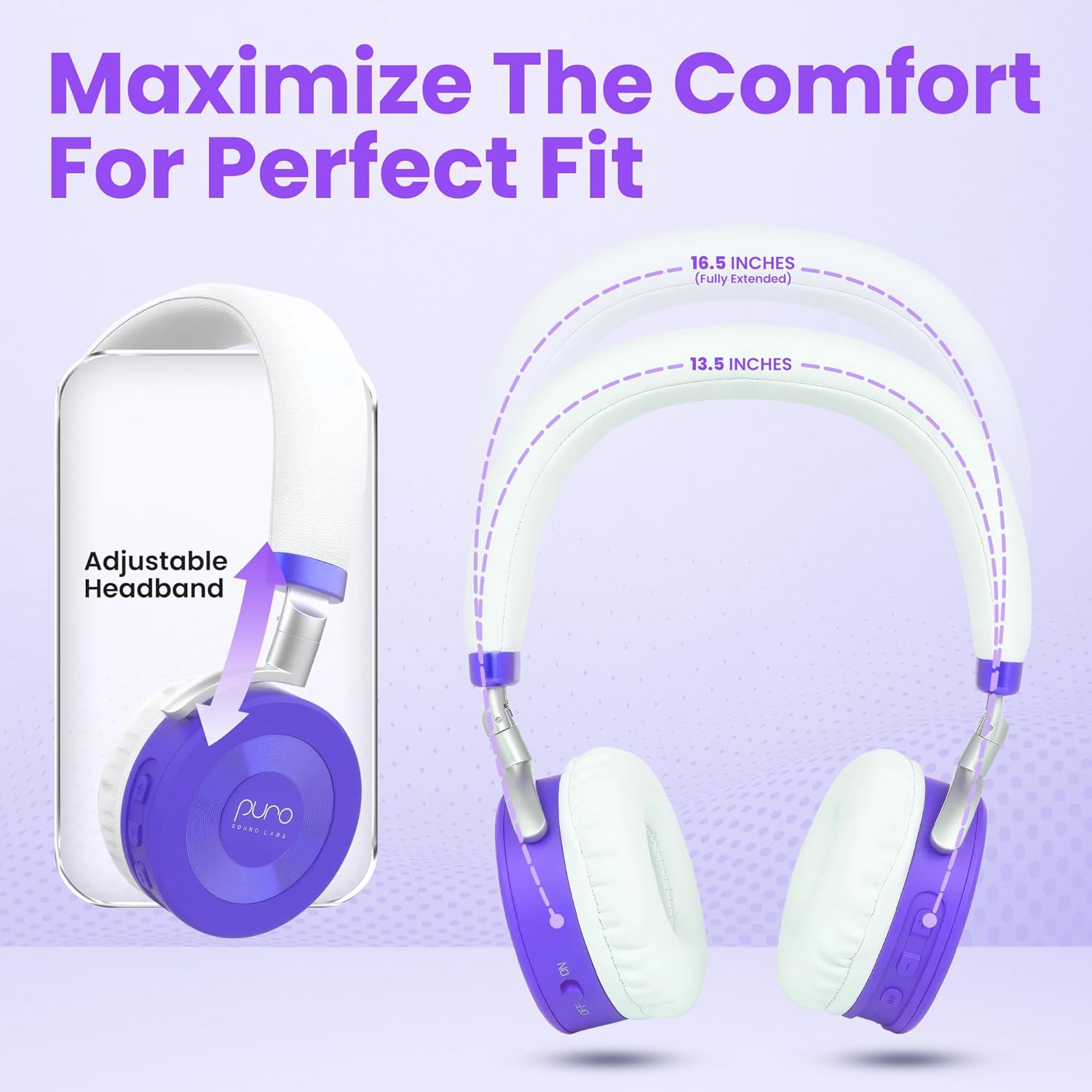 Puro Sound Labs JuniorJam Plus Volume-Limiting Wireless Bluetooth Headphones for Kids, Secure Audio with Adjustable On-Ear Design, 22-Hour Battery Life, Ideal for Tablets, Smartphones & PCs - Purple