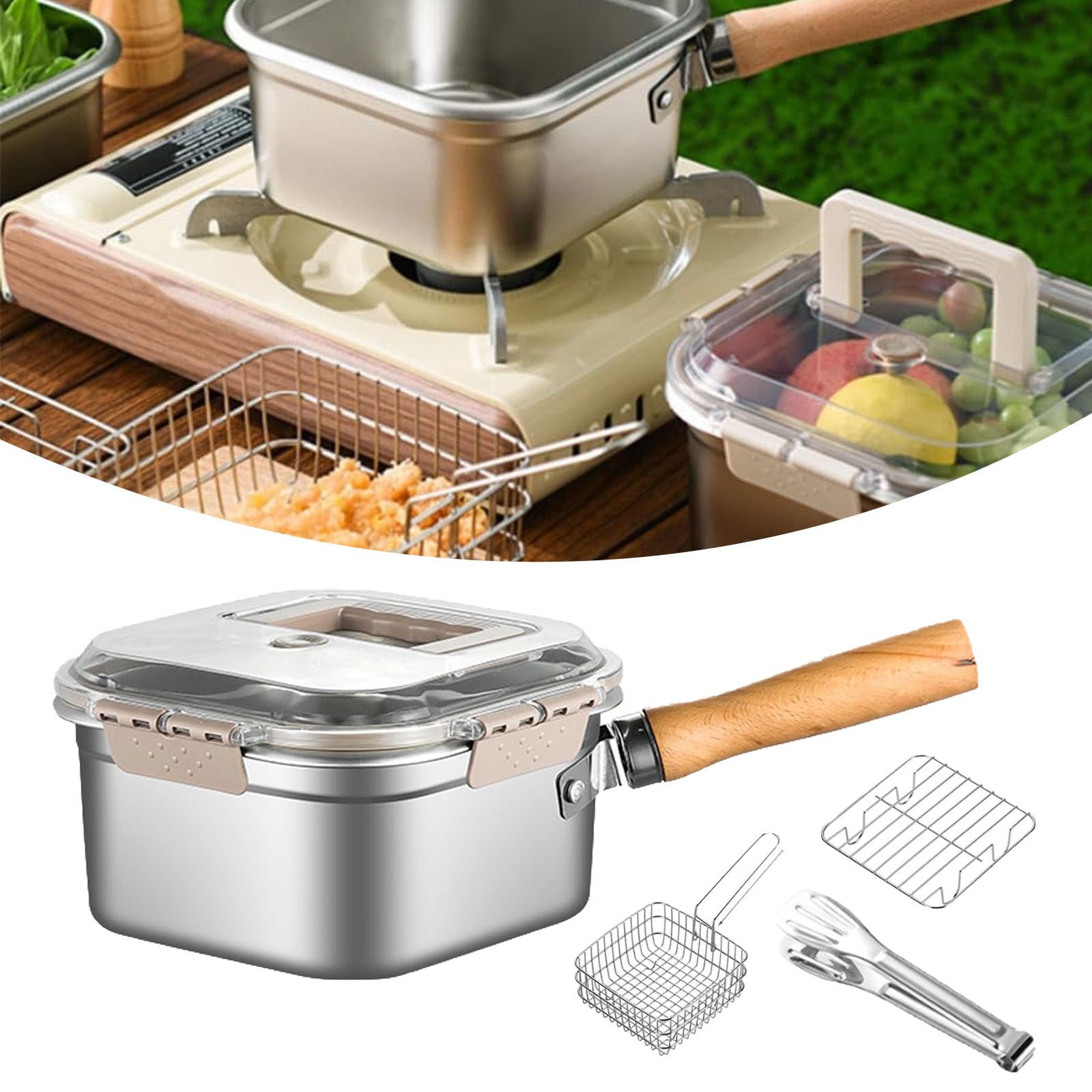 Juego de cocina multifunción – Freidora, olla de acero inoxidable con cesta, olla portátil de acero inoxidable para exteriores con cesta para freír