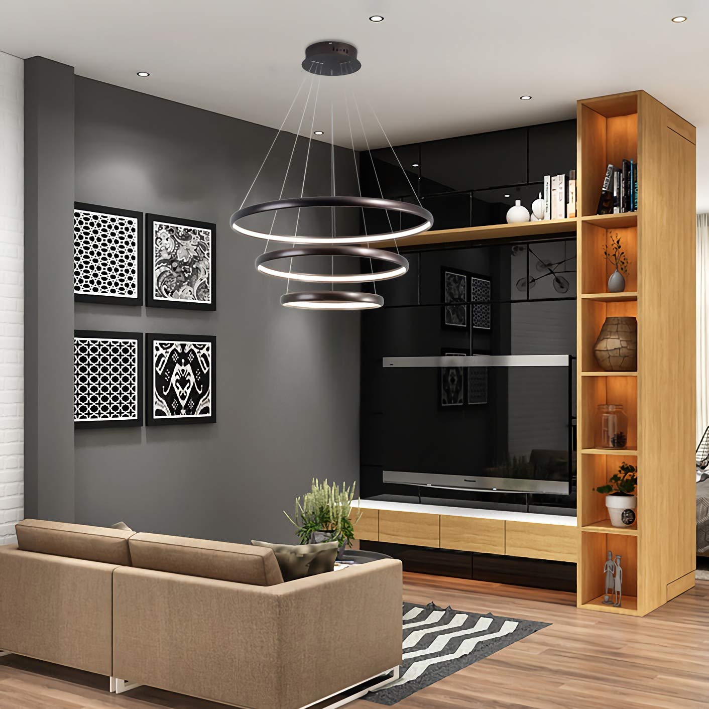Lampa wisząca LED z pilotem, nowoczesna lampa wisząca z 3 pierścieniami, lampa sufitowa z możliwością przyciemniania z regulacją wysokości do sypialni, salonu, jadalni, biura, 30 + 50 + 70 cm