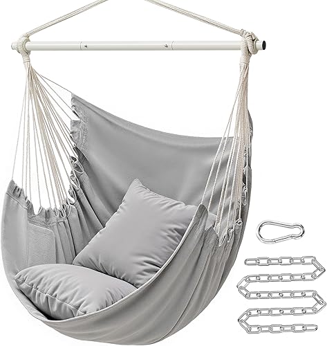 SONGMICS Silla tipo hamaca, silla colgante con 2 cojines, hamaca grande con cadena y bolsillo, capacidad de carga de 330 libras, para interiores,