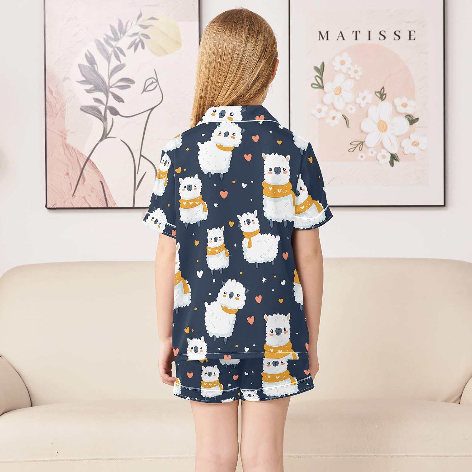 Kids Satin Wear Set Cute Alpaca Pattern Relaxed Fit Clothing Short Sleeve and Shorts
