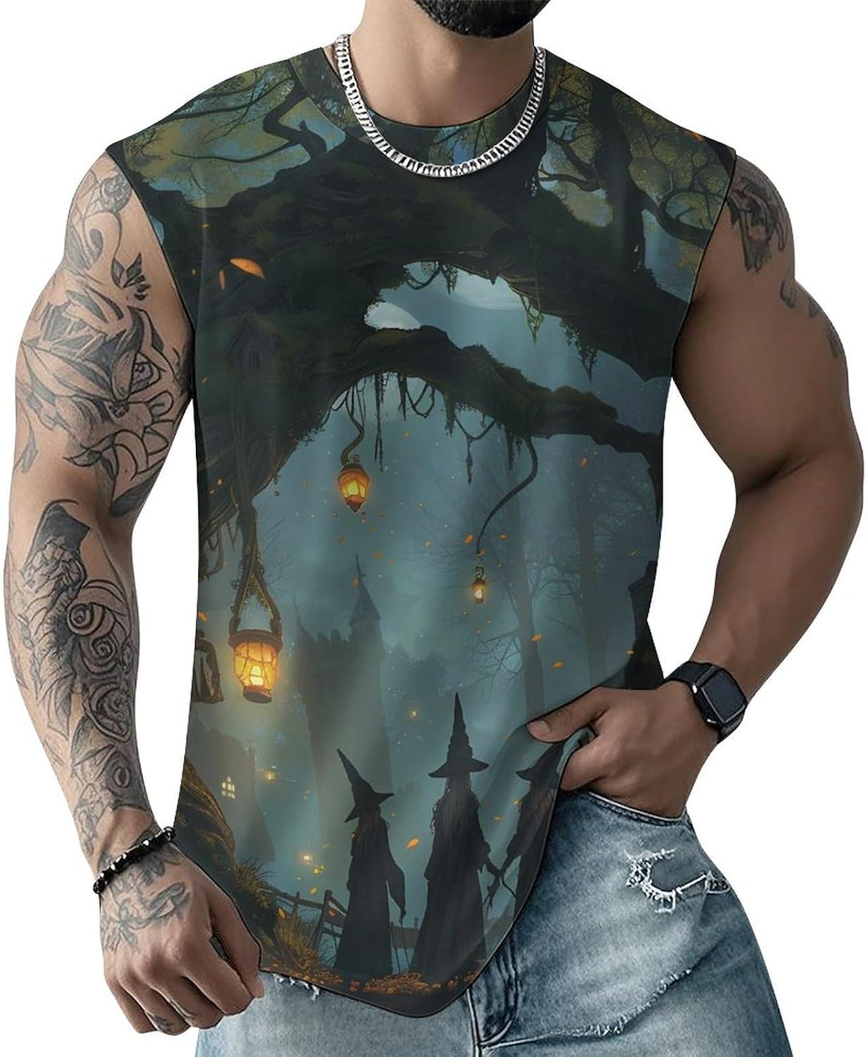 Witches in Enchanted Forests Men Summer Sleeveless Crew Neck Top 5XL