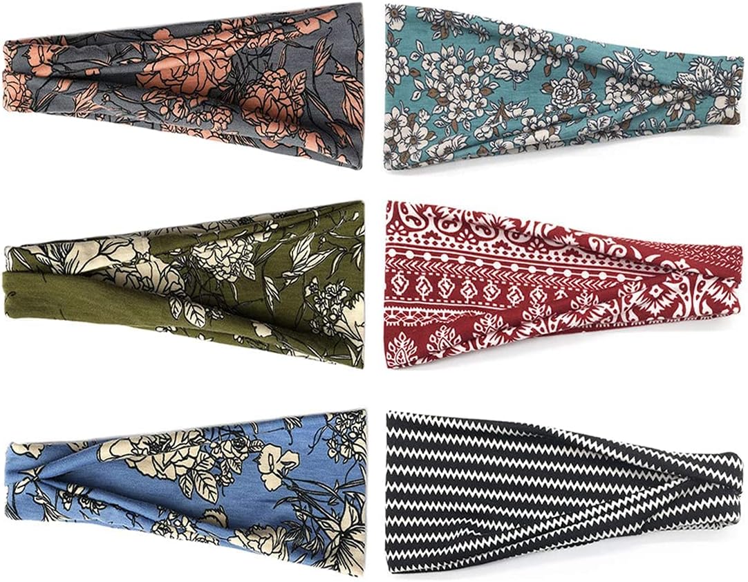 DRESHOW 6 Pack Women Headbands Wide Elastic Hair Bands Head Wrap Cute Knot Hair Accessories, 6 Pack Retro Flower Print a - Image 3
