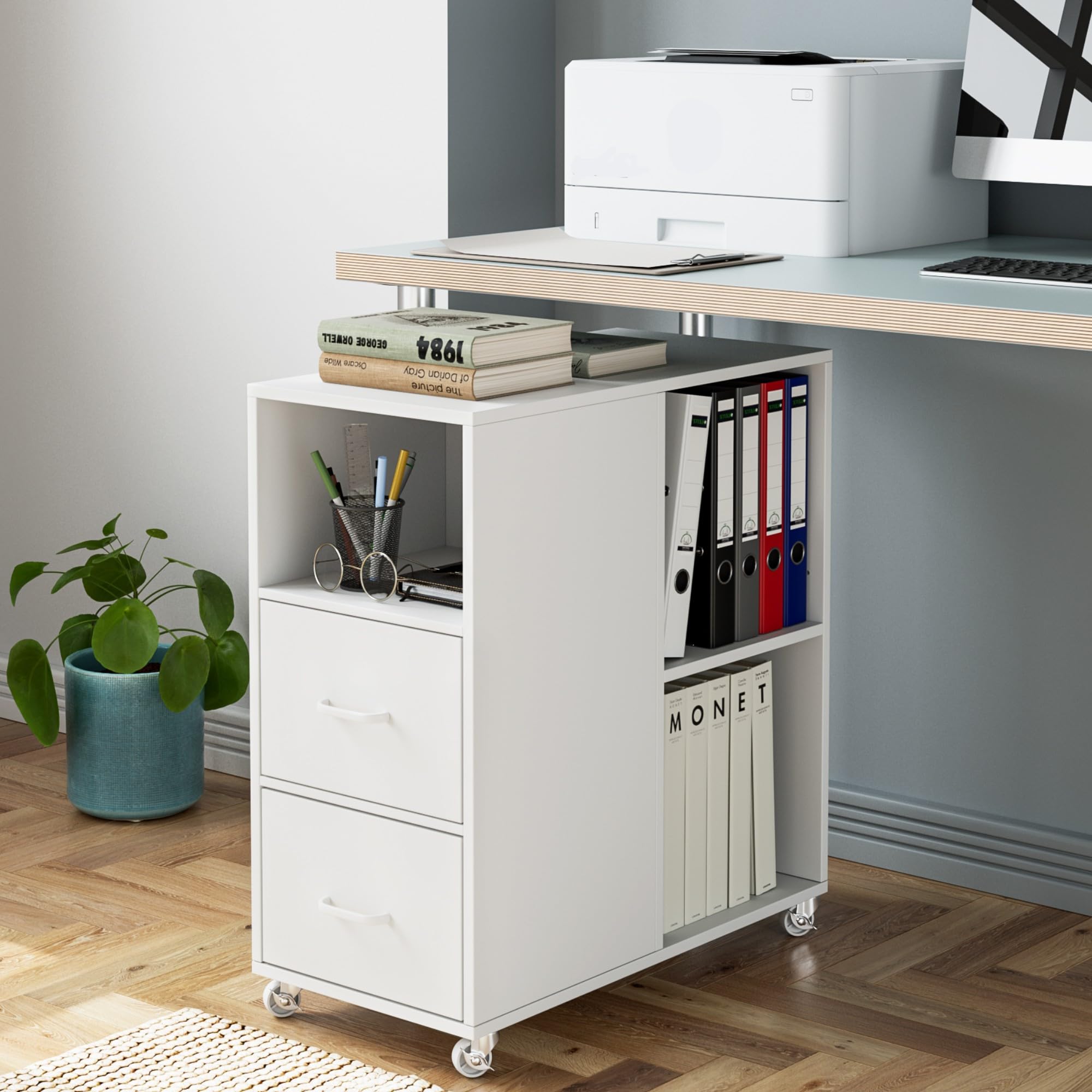 HOCSOK Rolcontainer, archiefkast met lade en vakken, bureaukast, opbergkast, bijzettafel voor woonkamer, slaapkamer en kantoor (donkerbruin
