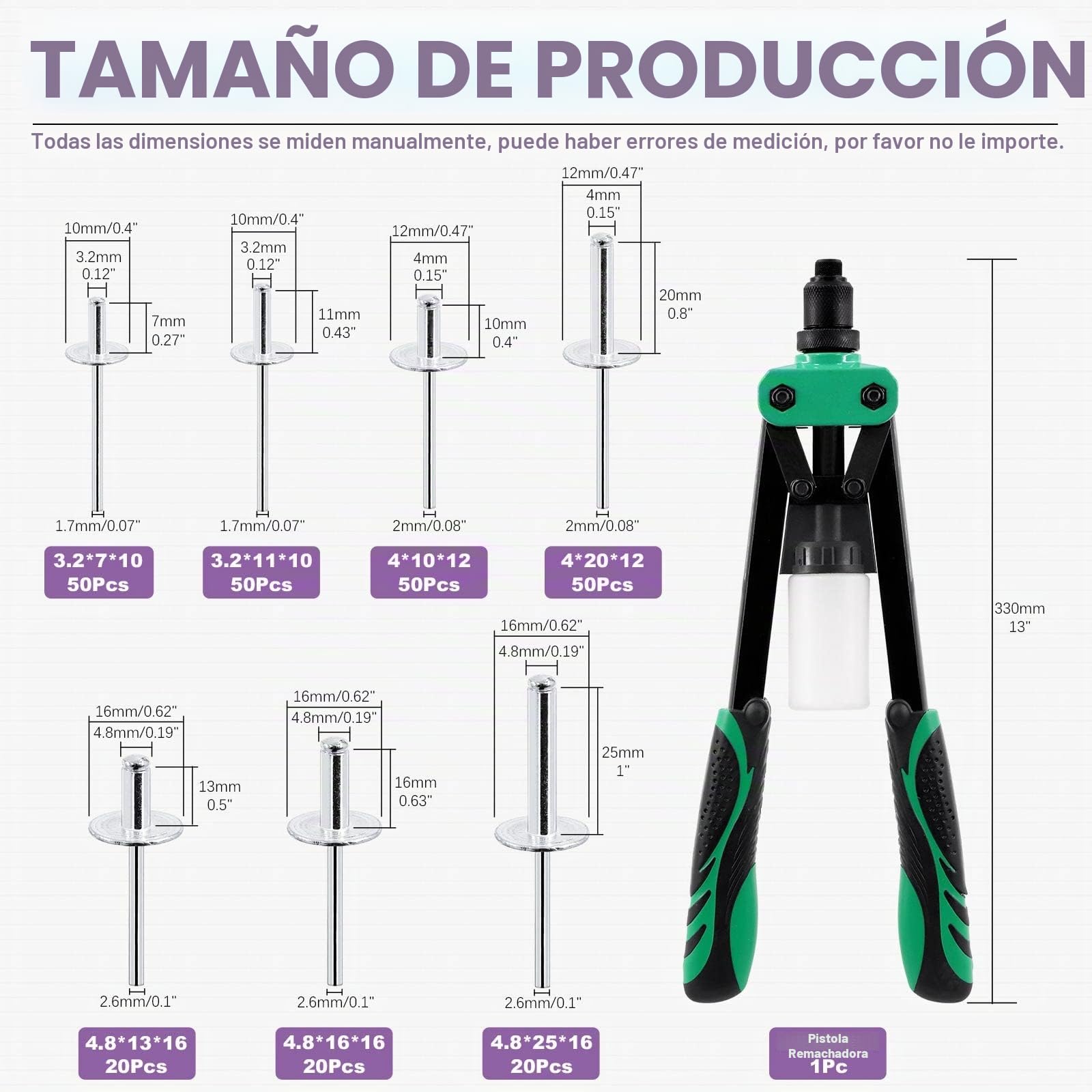Swpeet 261 Pistolas de Remache Pop de 3/16 Pulgadas 1/8 Pulgadas 5/32 Pulgadas M3.2/4/4.8 de 13 Pulgadas y 3 Cabezales de Remache Intercambiables con Brida Grande de Aluminio, Kit Surtido de Ciegos