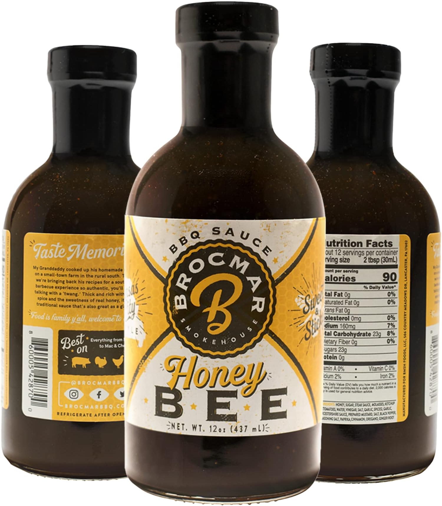 Brocmar Smokehouse Honey Bee Craft BBQ Sauce, Sweet and Sticky Barbecue Sauce for Pork, Turkey, Chicken, Seafood, Naturally gluten free - 12oz Stout Bottle
