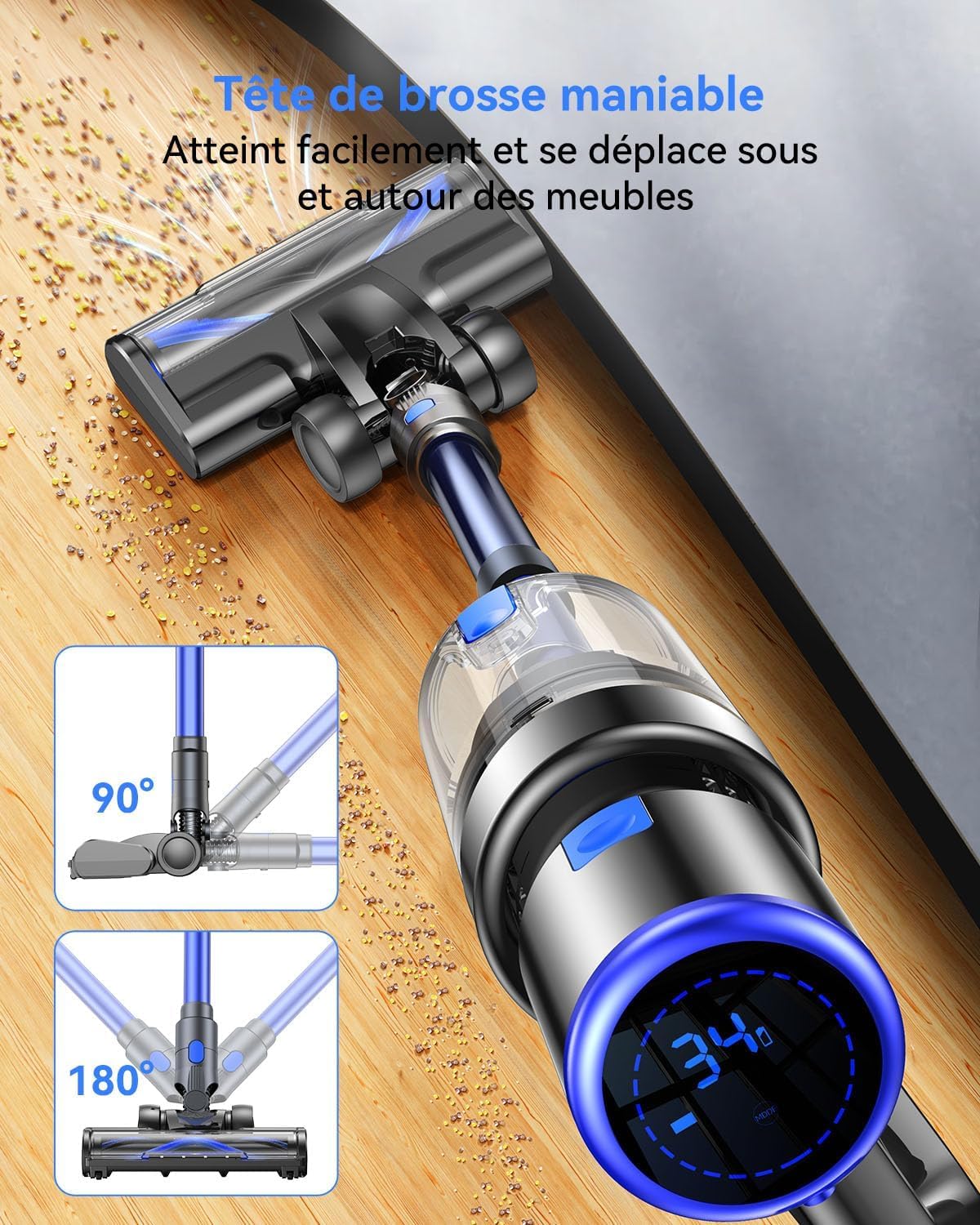 550W/45KPa Aspirateur Balai sans Fil, 50 Min d’Autonomie Aspirateur sans Fil Autoportant, Brosse Anti-Enchevêtrement & Éclairage LED, pour Sols Durs, Tapis et Poils d’Animaux (Bleu)